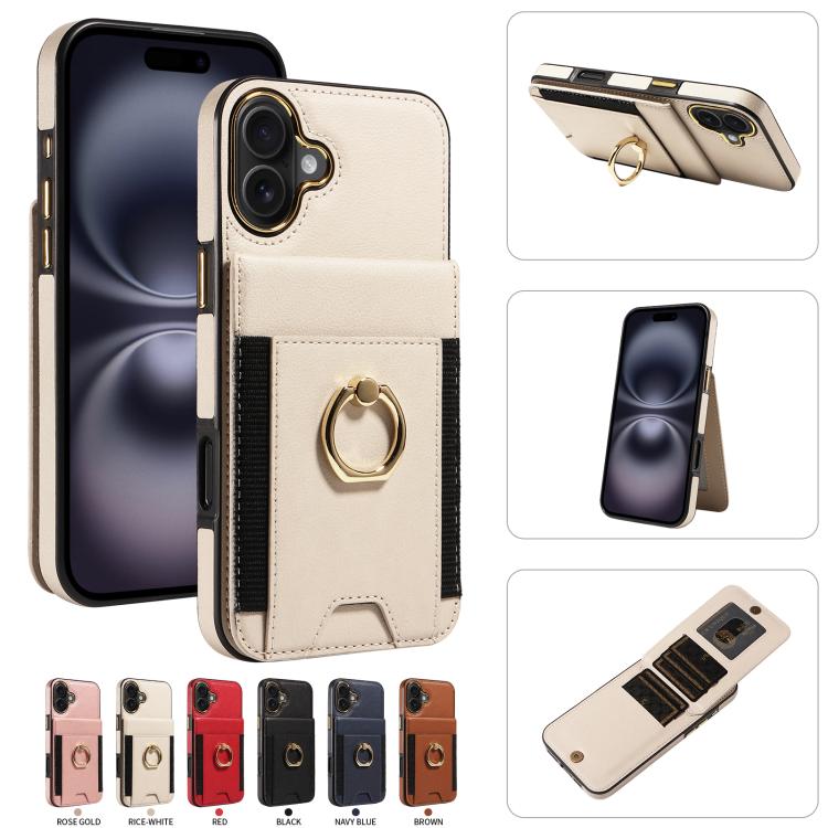 For iPhone 16 Plus Ring Multifunctional Vertical Flip Wallet Back Cover Leather Phone Case