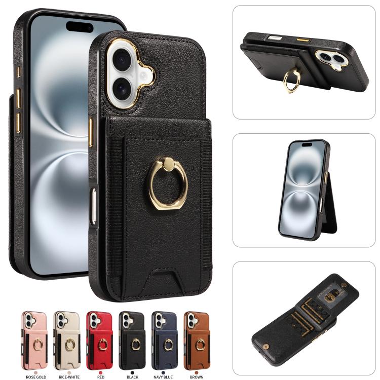 For iPhone 16 Ring Multifunctional Vertical Flip Wallet Back Cover Leather Phone Case