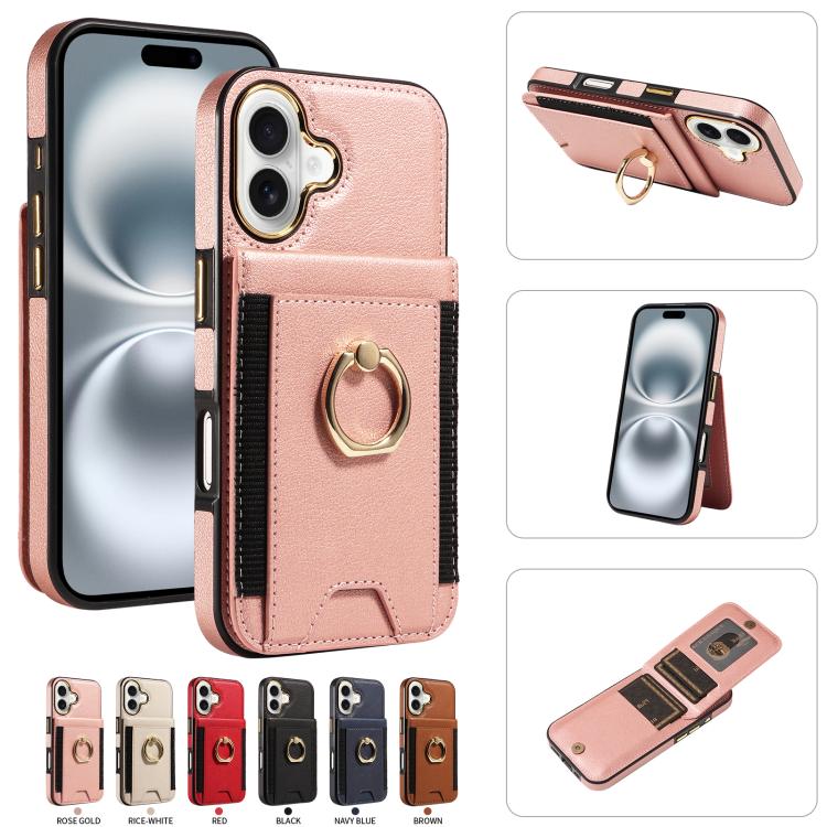 For iPhone 16 Ring Multifunctional Vertical Flip Wallet Back Cover Leather Phone Case