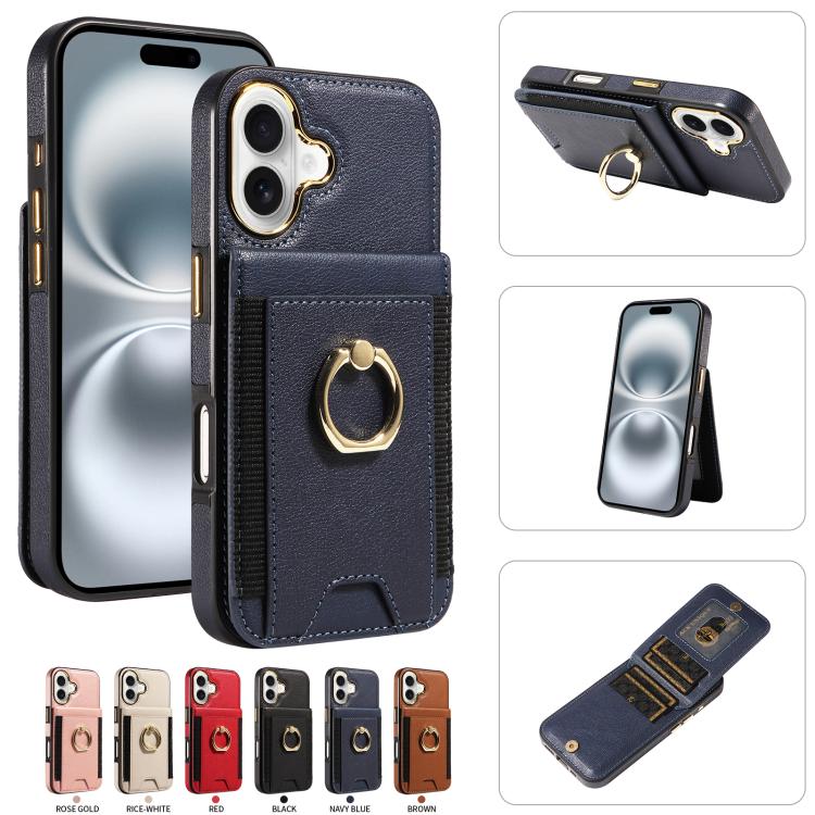 For iPhone 16 Ring Multifunctional Vertical Flip Wallet Back Cover Leather Phone Case