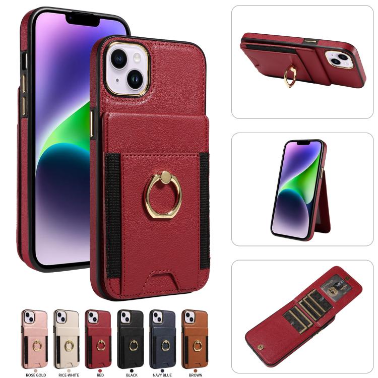 For iPhone 15 Plus Ring Multifunctional Vertical Flip Wallet Back Cover Leather Phone Case
