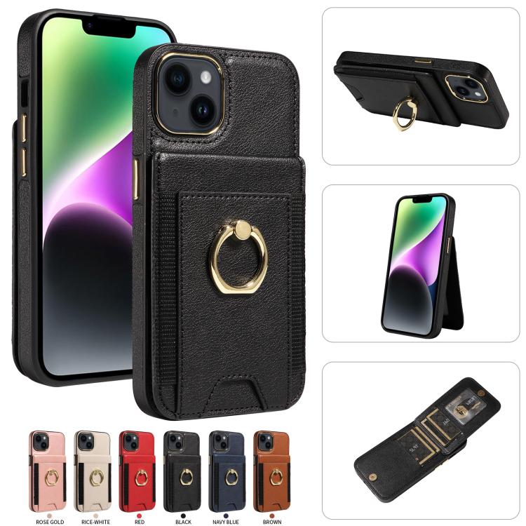 For iPhone 15 Ring Multifunctional Vertical Flip Wallet Back Cover Leather Phone Case