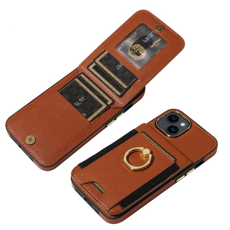 For iPhone 15 Ring Multifunctional Vertical Flip Wallet Back Cover Leather Phone Case