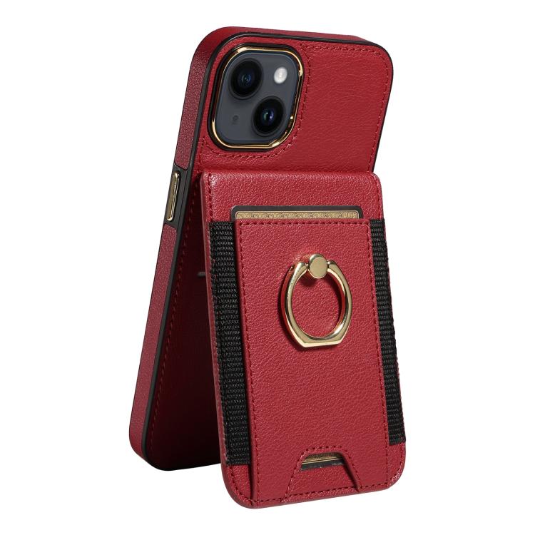 For iPhone 15 Ring Multifunctional Vertical Flip Wallet Back Cover Leather Phone Case
