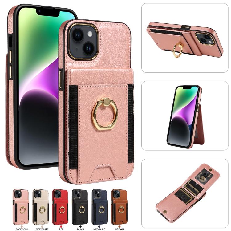 For iPhone 15 Ring Multifunctional Vertical Flip Wallet Back Cover Leather Phone Case