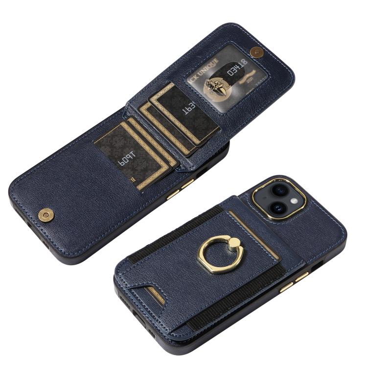 For iPhone 15 Ring Multifunctional Vertical Flip Wallet Back Cover Leather Phone Case