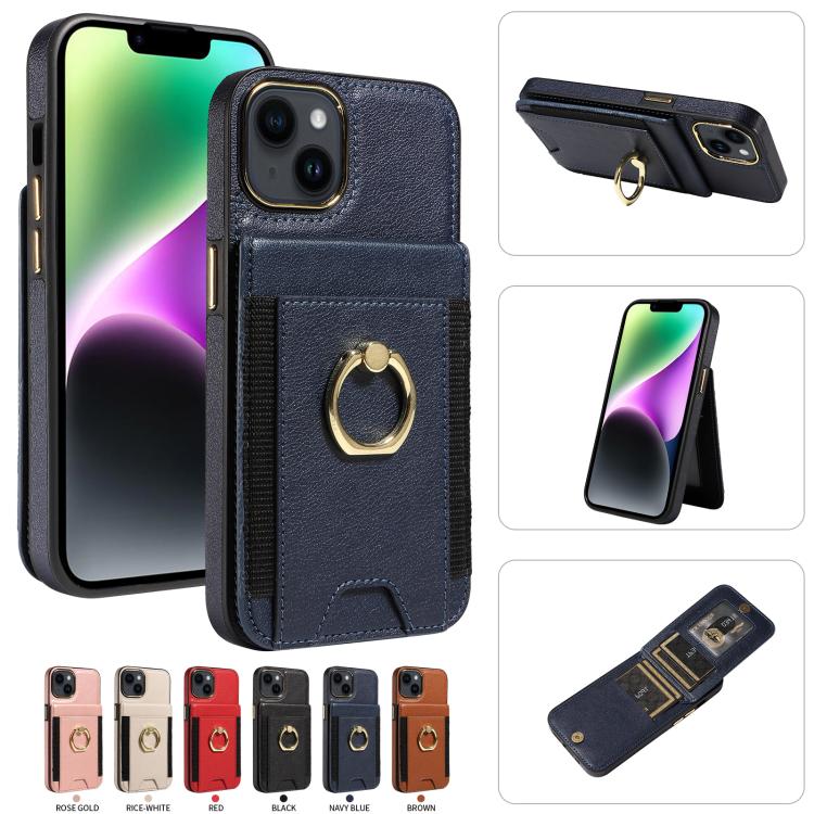 For iPhone 15 Ring Multifunctional Vertical Flip Wallet Back Cover Leather Phone Case