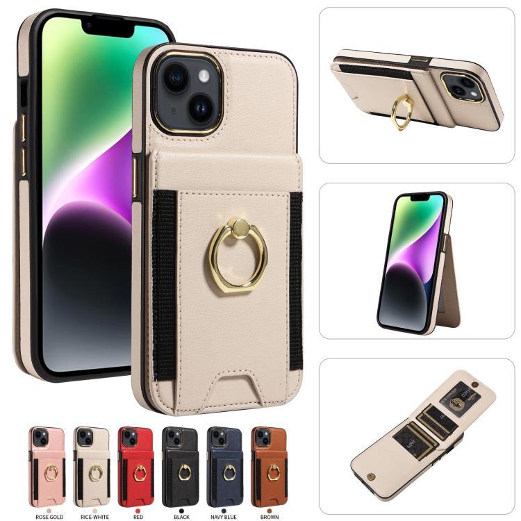 For iPhone 15 Ring Multifunctional Vertical Flip Wallet Back Cover Leather Phone Case