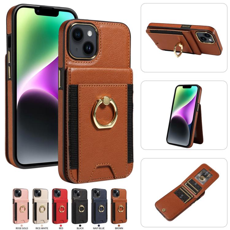 For iPhone 14 Ring Multifunctional Vertical Flip Wallet Back Cover Leather Phone Case