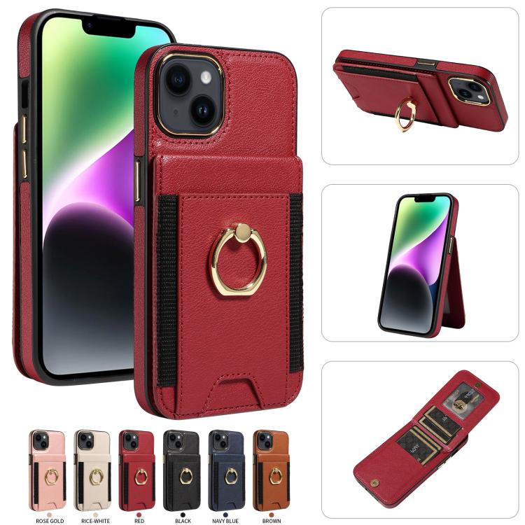 For iPhone 14 Ring Multifunctional Vertical Flip Wallet Back Cover Leather Phone Case