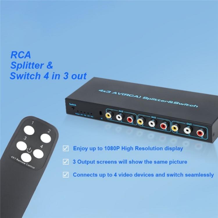 RCA 4 In 3 Out AV Audio Video Signal Composite Switcher AV Switch Splitter Box, Plug:US Plug