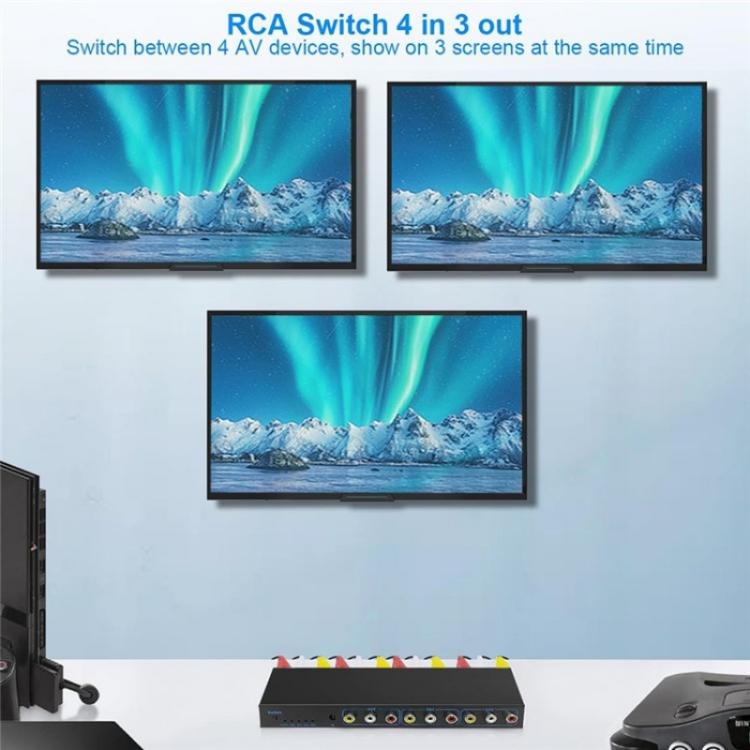RCA 4 In 3 Out AV Audio Video Signal Composite Switcher AV Switch Splitter Box, Plug:US Plug