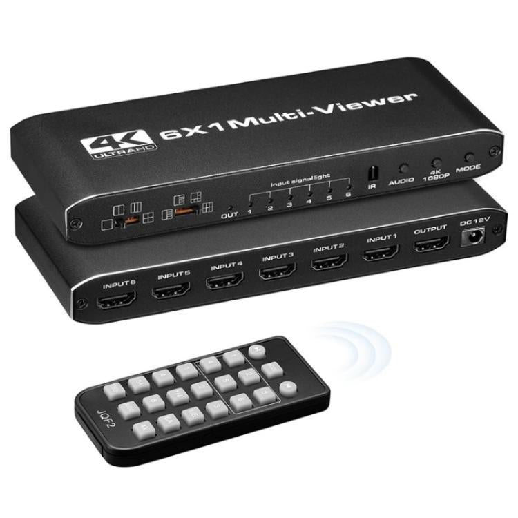 JQF2 4K Seamless Switcher Screen Splitter Multiple Display Modes 6 in 1 Out HDMI Multiviewer, Plug:US Plug