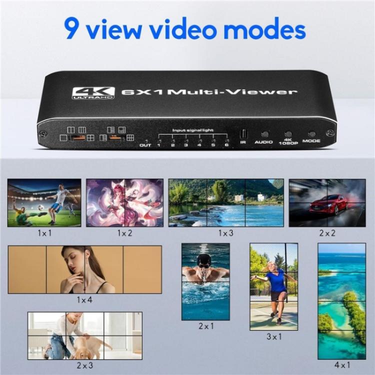 JQF2 4K Seamless Switcher Screen Splitter Multiple Display Modes 6 in 1 Out HDMI Multiviewer, Plug:EU Plug