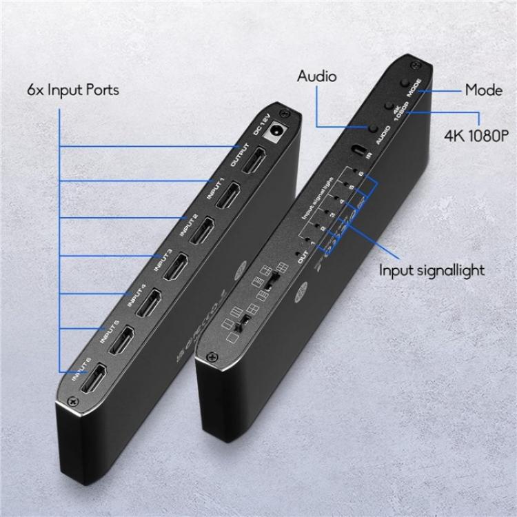 JQF2 4K Seamless Switcher Screen Splitter Multiple Display Modes 6 in 1 Out HDMI Multiviewer, Plug:EU Plug