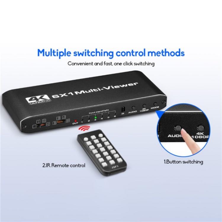 JQF2 4K Seamless Switcher Screen Splitter Multiple Display Modes 6 in 1 Out HDMI Multiviewer, Plug:EU Plug