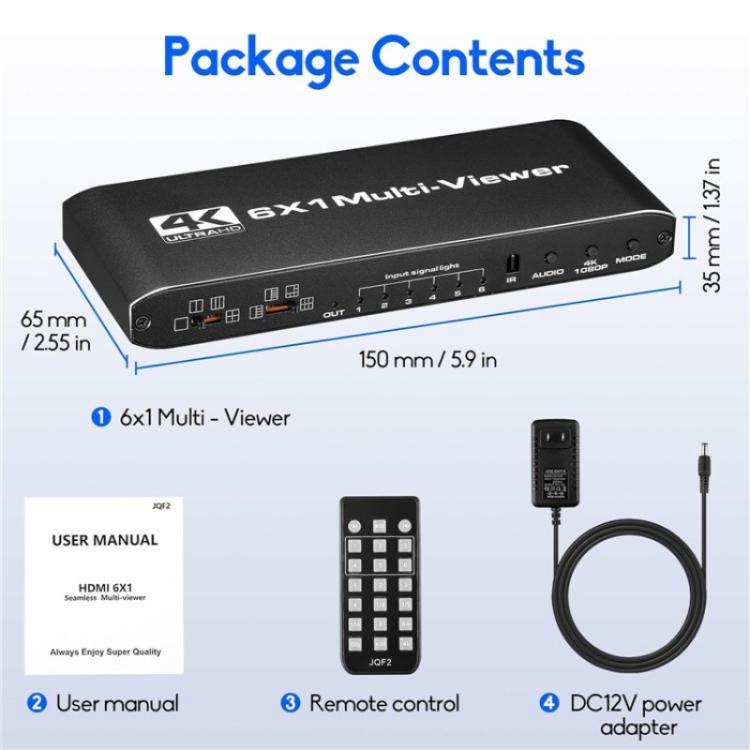 JQF2 4K Seamless Switcher Screen Splitter Multiple Display Modes 6 in 1 Out HDMI Multiviewer, Plug:EU Plug