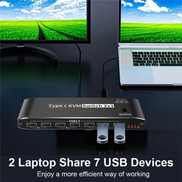 K8 With RJ45 Ethernet Port 2 In 1 Out Type C KVM Switcher 7 USB 2.0 Ports Docking Station
