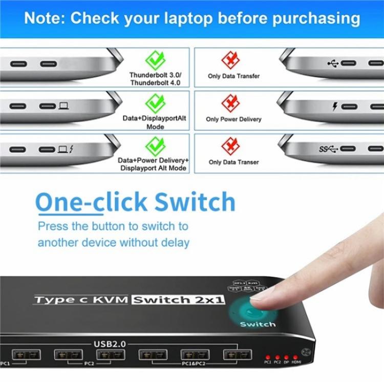 K8 With RJ45 Ethernet Port 2 In 1 Out Type C KVM Switcher 7 USB 2.0 Ports Docking Station