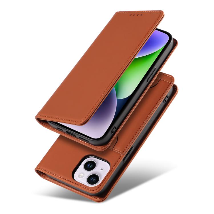 For iPhone 15 Plus Magnetism Skin Feel Card Holder Leather Phone Case