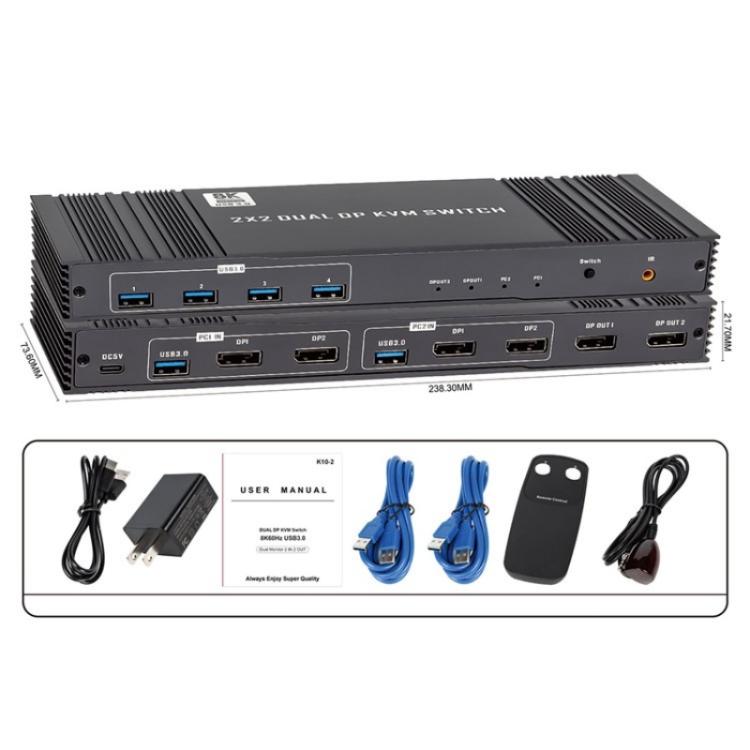 K10-2 For 2 Computers/Monitors USB 3.0 Dual DP Output 8K 60Hz 2x2 Version 2.1 KVM Switcher, Plug:US Plug
