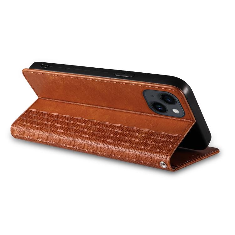 For iPhone 16 Plus Braided Embossed Strong Magnetic Leather Phone Case