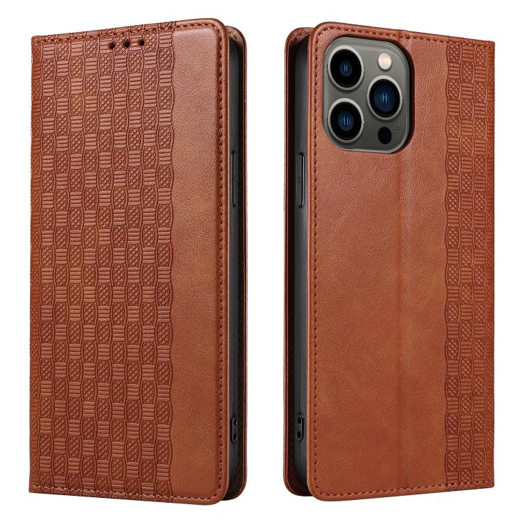 For iPhone 15 Pro Max Braided Embossed Strong Magnetic Leather Phone Case