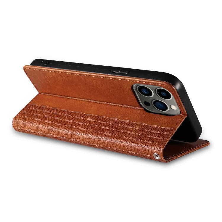 For iPhone 15 Pro Max Braided Embossed Strong Magnetic Leather Phone Case