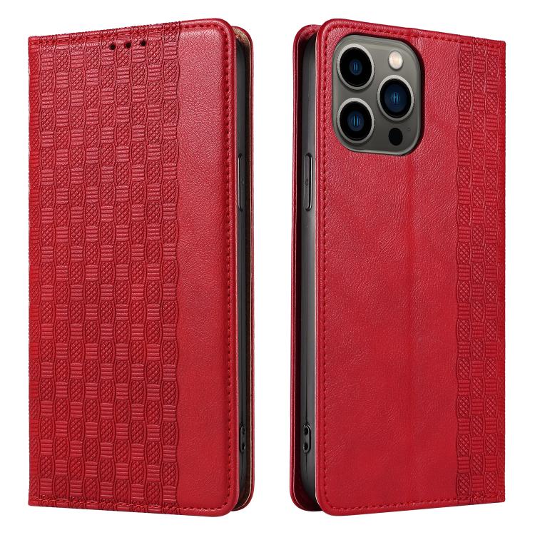 For iPhone 15 Pro Max Braided Embossed Strong Magnetic Leather Phone Case