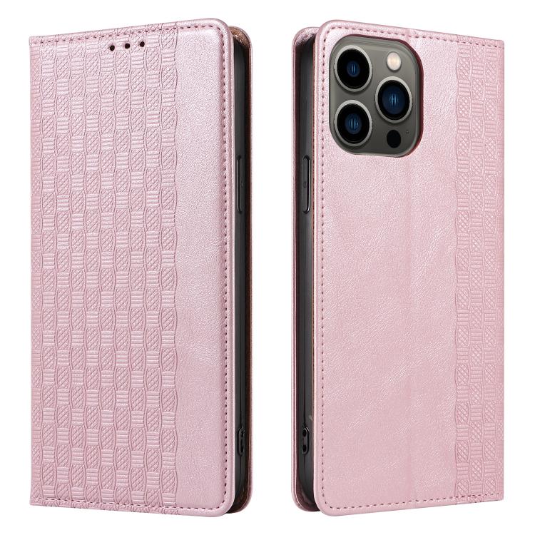 For iPhone 15 Pro Max Braided Embossed Strong Magnetic Leather Phone Case