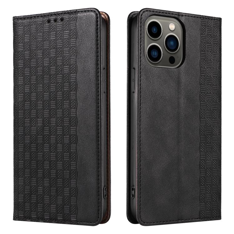 For iPhone 15 Pro Braided Embossed Strong Magnetic Leather Phone Case