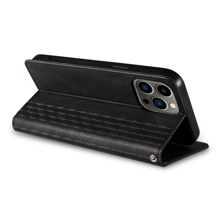 For iPhone 15 Pro Braided Embossed Strong Magnetic Leather Phone Case