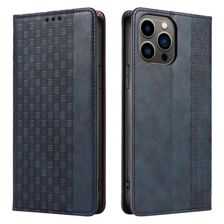 For iPhone 15 Pro Braided Embossed Strong Magnetic Leather Phone Case