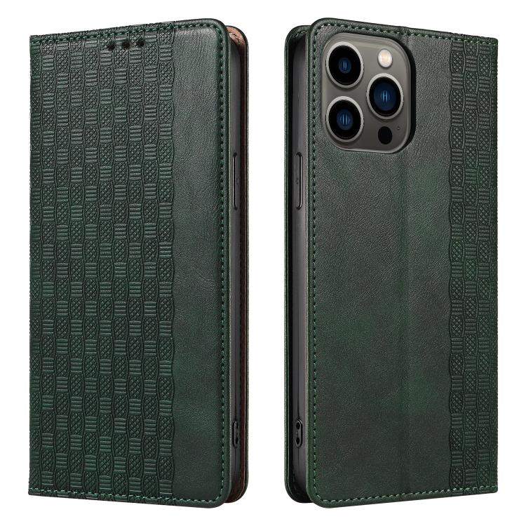 For iPhone 15 Pro Braided Embossed Strong Magnetic Leather Phone Case