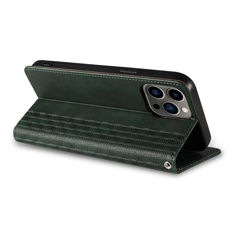 For iPhone 15 Pro Braided Embossed Strong Magnetic Leather Phone Case