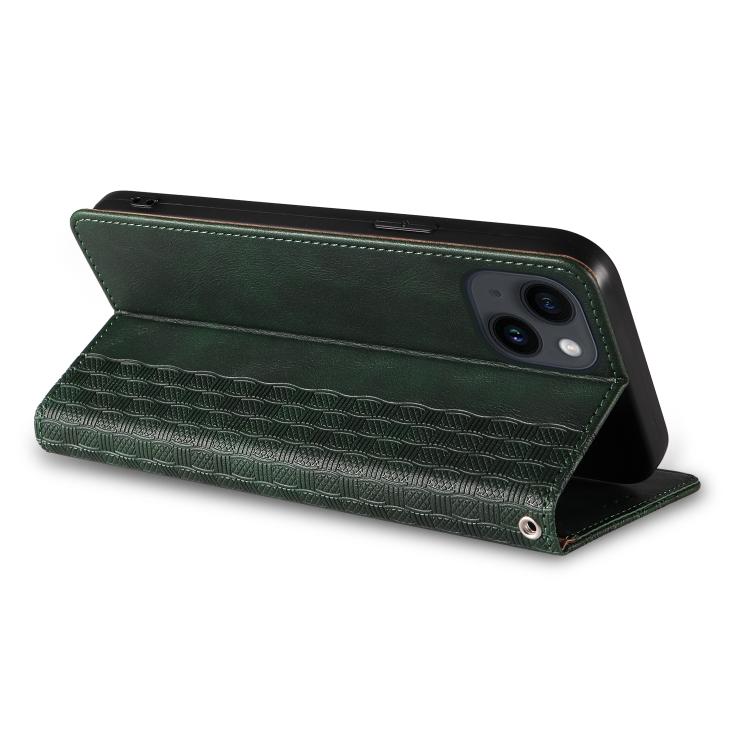 For iPhone 14 Braided Embossed Strong Magnetic Leather Phone Case