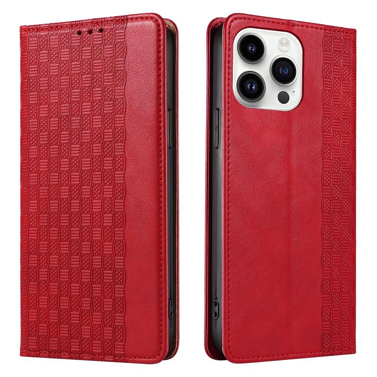 For iPhone 14 Pro Braided Embossed Strong Magnetic Leather Phone Case