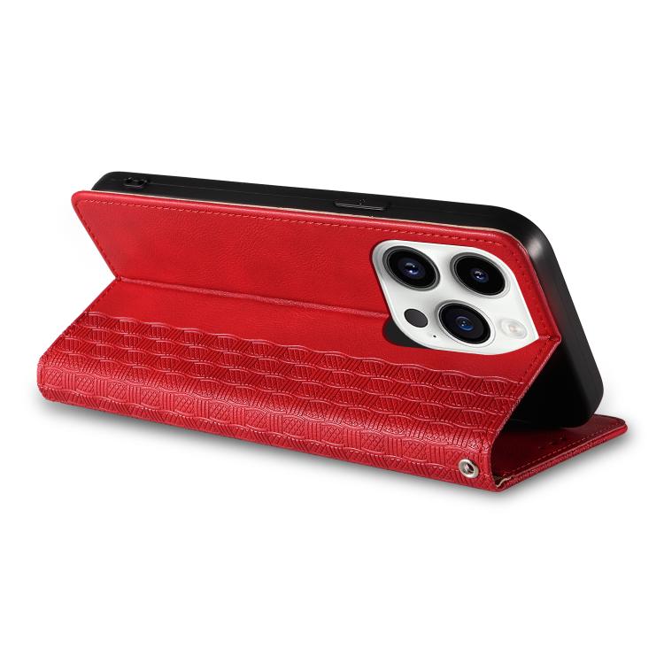 For iPhone 14 Pro Braided Embossed Strong Magnetic Leather Phone Case