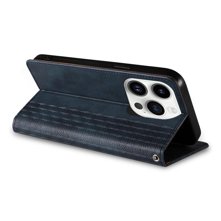 For iPhone 14 Pro Braided Embossed Strong Magnetic Leather Phone Case