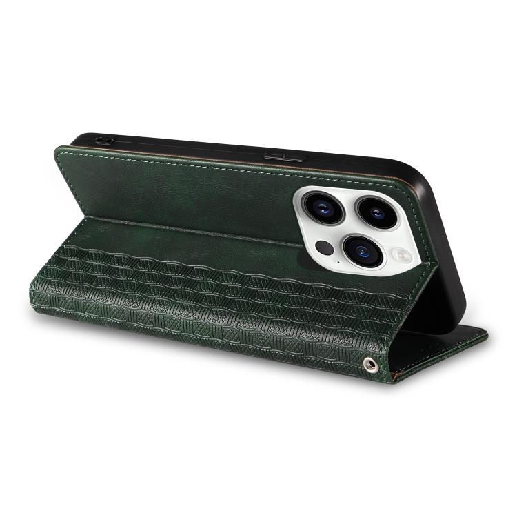 For iPhone 14 Pro Braided Embossed Strong Magnetic Leather Phone Case