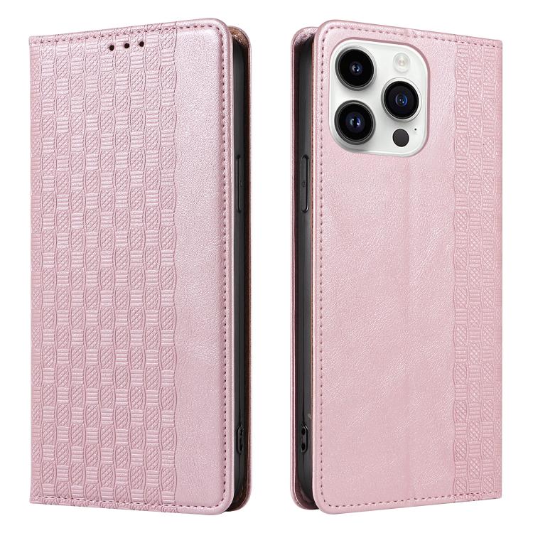 For iPhone 14 Pro Braided Embossed Strong Magnetic Leather Phone Case