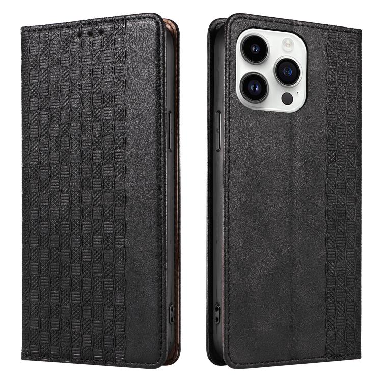 For iPhone 14 Pro Max Braided Embossed Strong Magnetic Leather Phone Case