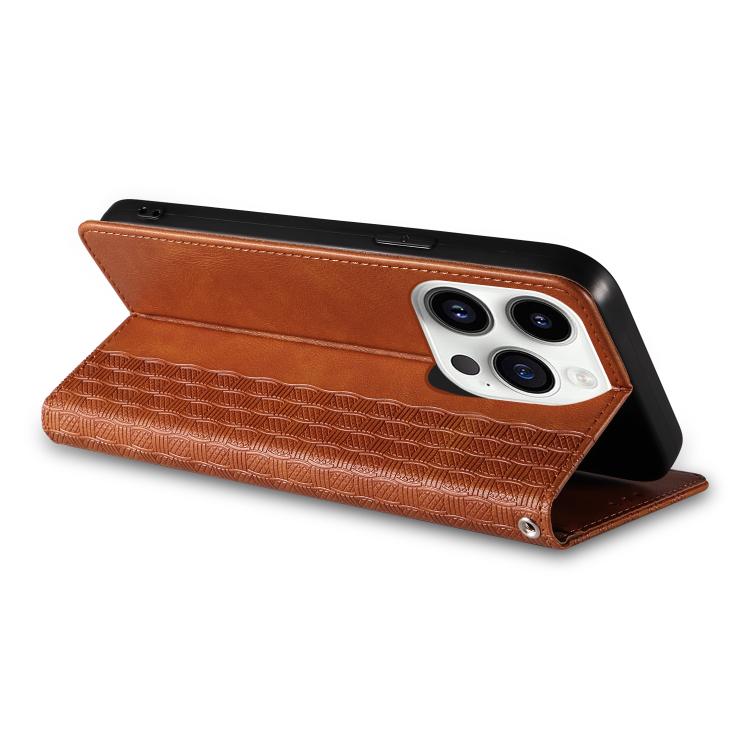 For iPhone 14 Pro Max Braided Embossed Strong Magnetic Leather Phone Case