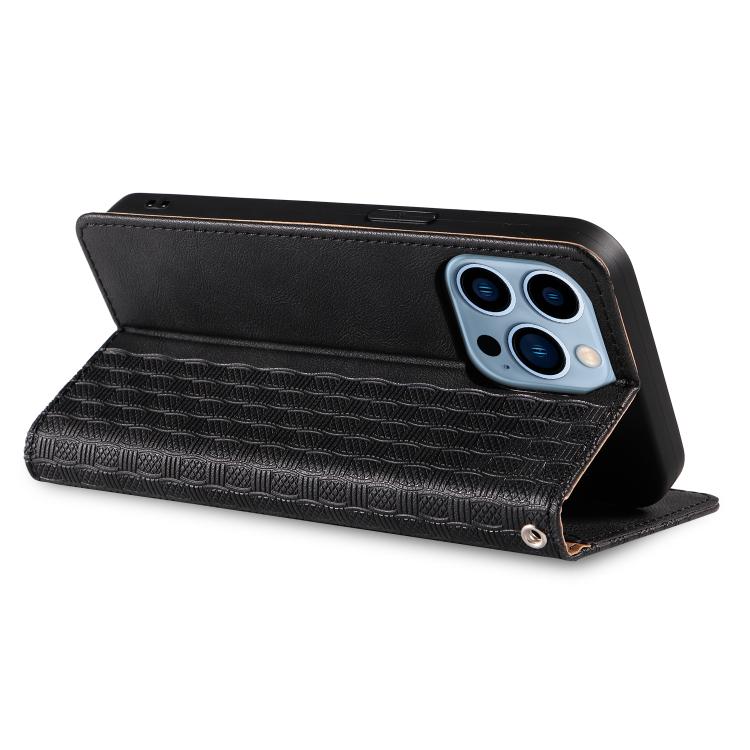 For iPhone 12 Pro Max Braided Embossed Strong Magnetic Leather Phone Case