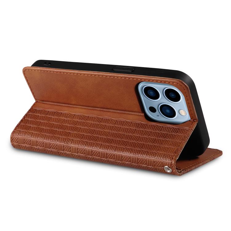 For iPhone 12 Pro Max Braided Embossed Strong Magnetic Leather Phone Case