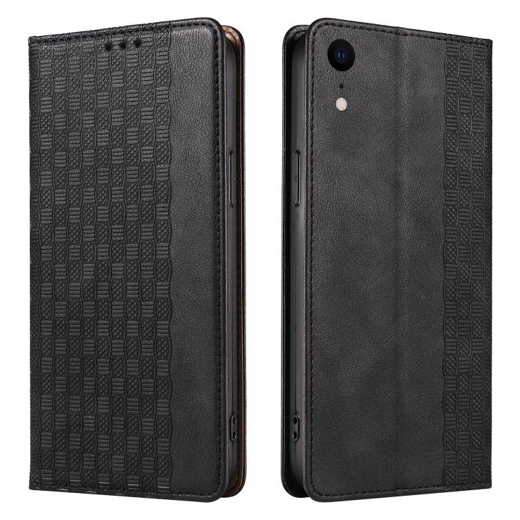 For iPhone XR Braided Embossed Strong Magnetic Leather Phone Case