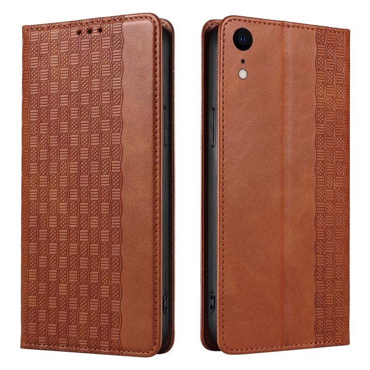 For iPhone XR Braided Embossed Strong Magnetic Leather Phone Case