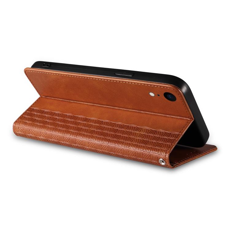 For iPhone XR Braided Embossed Strong Magnetic Leather Phone Case