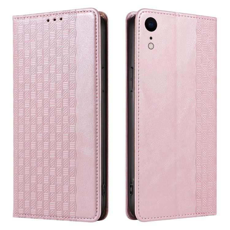 For iPhone XR Braided Embossed Strong Magnetic Leather Phone Case