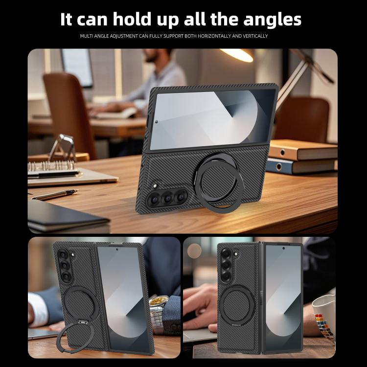 For Samsung Galaxy Z Fold4 Kevlar Carbon Fiber 360 Rotation MagSafe Holder Phone Case